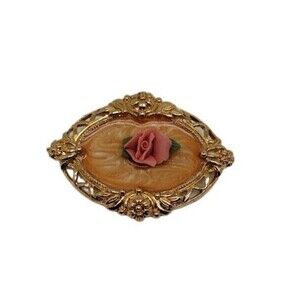 Vintage 3D Rose Brooch Lapel Pin Oval Floral Ceramic Porcelain Gold Tone Avon